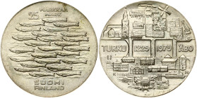 Finland 25 Markkaa 1979 50th Anniversary of Turku. Obverse: City scene of Turku with dates. Reverse: School of fish; denomination above. Edge Plain. S...