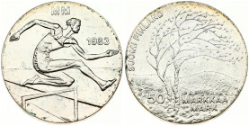 Finland 50 Markkaa 1983 World Athletics Championships. Obverse: Trees in wind divide denomination. Reverse: Hurdler, date at right. Edge Plain. Silver...