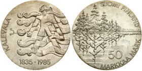 Finland 50 Markkaa 1985 National Epic - The Kalevala. Obverse:. Trees with stylized reflections in a lake; denomination below at right. Reverse: Styli...