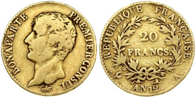 France 20 Francs AN12A (1803/1804). Napoleon Consul(1799-1804).Obverse: Head left. Obverse Legend: BONAPARTE PREMIER CONSUL •. Reverse: Denomination w...