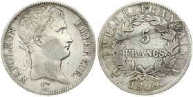 France 5 Francs 1809A Napoleon I (1804-1814; 1815). Obverse: Laureate head right. Obverse Legend: NAPOLEON EMPEREUR. Reverse: Denomination within wrea...