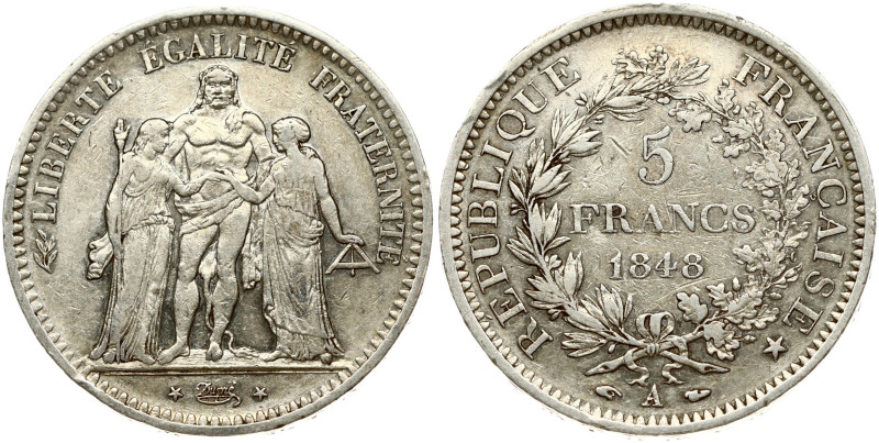 France 5 Francs 1848 A Hercule. Obverse: Denomination above the date within wrea...