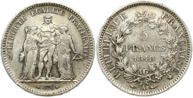 France 5 Francs 1848 A Hercule. Obverse: Denomination above the date within wreath. Edge Smooth and inscripted. Reverse: Hercules group, exergue line....