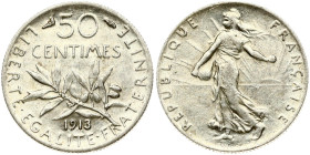 France 50 Centimes 1913 Obverse: Figure sowing seeds La Semeuse. Reverse: Leafy branch divides date and denomination. Edge Milled. Silver. KM-854