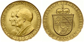 Liechtenstein 25 Franken 1956 Franz Josef II and Princess Gina. Franz Josef II (1938-1989). Obverse: Conjoined busts of Franz Josef II and Princess Gi...