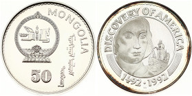 Mongolia 50 Tögrög 1992 Discovery of America - Columbus. Obverse: Arms of the Mongolian People's Republic. Reverse: Portrait of Columbus and ship with...