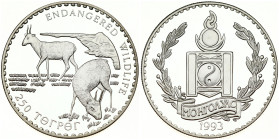 Mongolia 250 Tögrög 1993 Saiga Antelope. Obverse: National Symbol, date below. Reverse: Saiga Antelope. Silver (.925) 31.47g. KM-110