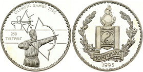 Mongolia 250 Tögrög 1995 1996 Olympics - Archery. Obverse: National Symbol the Soyombo; date below. Reverse: Archer. Edge Reeded. Silver (.925) 31.54g...