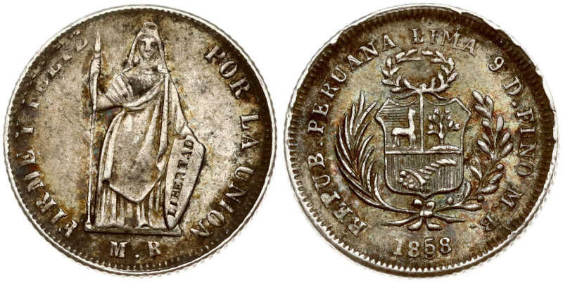 Peru 1/2 Real 1858/1868 MB. Obverse: Small wreath above arms within sprigs; date...