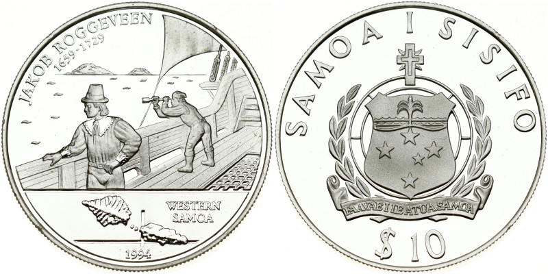 Samoa 10 Tala 1994 Jakob Roggeveen. Obverse: Crest and value. Reverse: Two figur...