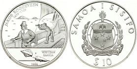 Samoa 10 Tala 1994 Jakob Roggeveen. Obverse: Crest and value. Reverse: Two figures sighting land. Edge Milled. Silver (.925) 31.19g. KM-100