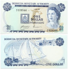 Bermuda 1 Dollar 1978 Banknote. Elizabeth II (1952-2022). Obverse: Queen Elizabeth II at right, arms at left centre, bird at centre. Reverse: Sailboat...