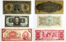 Brazil 1 Mil Reis - 5 000 Cruzeiros (1923-1964) Banknotes. Obverse: Solferino red on polychrome chalcography and offs. Reverse: Arms. P-9; 110B; 182. ...