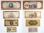 Chile 1 Peso & 1 - 10 Escudos (1932-1975) Banknotes. Obverse: Black frame with blue center and wide diagonal pink stripe. Denomination and Signatures....