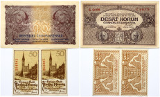 Czechoslovakia 10 Korun 1919 & Danzig 50 Pfennig 1918 Banknotes. Obverse: City Emblem of Danzig. Reverse: City Hall. P-8; 9. S/N S.O079 C 436276; 2143...