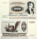 Denmark 1000 Kroner 1972 Banknote. Margrethe II (1972-). Obverse: Picture of Thomasine Heiberg by Jens Juel. Reverse: Red squirrel. S/N 0817673 A3801E...