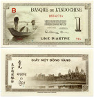 French Indochina 1 Piastre ND (1945-1951) Banknote. Obverse Lettering: BANQUE de L'INDOCHINE
Art.139 du code pénale. UNE PIASTRE AMERICAN BANKNOTE COM...