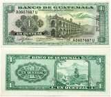 Guatemala 1 Quetzal 1965 Banknote. Obverse: llustration of Palace of the Captains General. Reverse: Illustration of Lake Atitlan. S/N A0607687U. P-52