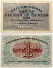 Lithuania 1 Centas 1922 Banknote. Obverse Lettering: LIETUVOS BANKAS 1 VIENAS CENTAS KAUNAS, 1922 m. LAPKR.16 d. LIETUVOS BANKAS SERIES B. Reverse Let...