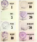 Lithuania 1 - 50 Roubles 1990 Money Vilnius factory PLASTA. 8 pieces: 1 rub, 3 rub, 5 rub, 10 rub, 10 rub, 20 rub, 20 rub, 50 rub (different stamps RU...