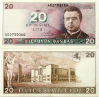 Lithuania 20 Litu 1991 Banknote. Obverse Lettering: LIETUVOS BANKAS Dvidešimt litų Maironis. Reverse Lettering: Dvidešimt litų.S/N AE 2759366. P# 48...