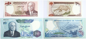 Tunisia 1 Dinar 1980 & 20 Dinars 1983 Banknotes. Obverse: Amphitheater Of Carthage in the lower middle. Habib Bourgouiba at right, amphitheater at cen...