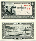 Vietnam South Vietnam 1 Dong ND (1955) Banknote. Obverse: Black print, red serial number. Farmer threshing grain on the left. Big denomination on the ...