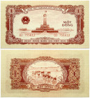 Vietnam North Vietnam 1 Dong 1958 Banknote. Obverse: Vietnamese communist coat of arms, Flag Tower. Reverse: Rice planting scene. S/N QD 755612. P-71