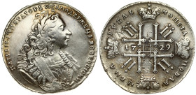 Russia 1 Rouble 1729 Peter II (1727-1729). Obverse: Laureate bust right. Reverse: Date in cruciform with 4 crowns monograms in angles. 'Type of 1729'....