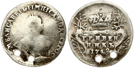 Russia 1 Grivennik 1742 Elizabeth (1741-1762). Obverse: Crowned bust right. Reverse: Crown above value date within sprigs. Edge cordlike leftwards. Si...