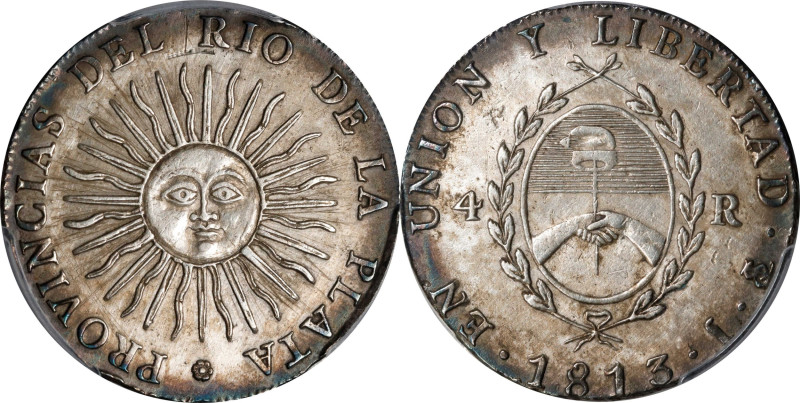 ARGENTINA. 4 Reales, 1813-PTS J. Potosi Mint. PCGS Genuine--Cleaned, AU Details....