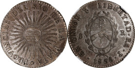 ARGENTINA. 8 Reales, 1835-RA P. La Rioja Mint. NGC EF Details--Cleaned.
KM-20. Popular and highly sought after Sunface type. Lightly cleaned long ago...