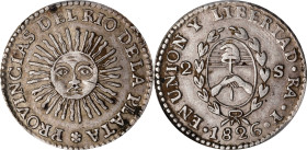 ARGENTINA. 2 Soles 1826-RA P. La Rioja Mint. PCGS AU-50.
KM-18. Medal Alignment with initial, "P". A strong sunface with pleasing slate gray toning a...