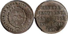 ARGENTINA. Entre Rios. 1/2 Real, 1867. San José Mint. PCGS MS-62.
KM-1; CJ-2. Struck in San José during the war with Paraguay. The second in seven ye...