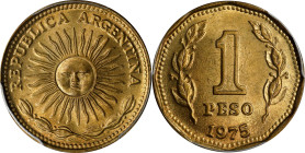 ARGENTINA. Aluminum-Bronze Peso Pattern, 1975. PCGS SPECIMEN-67.
KM-Pn64. This is the 1 Peso Pattern in Aluminum Bronze of the original Peso struck i...