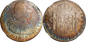 BOLIVIA. 8 Reales, 1808-PTS PJ. Potosi Mint. Charles IV. NGC AU-53.
KM-73; Cal-114. "Carolus IIII", variety. Enticing multi-colored toning with littl...