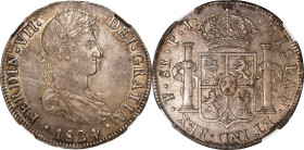BOLIVIA. 8 Reales, 1824-PTS PJ. Potosi Mint. Ferdinand VII. NGC AU-55.
KM-84; Cal-1391. This well made example delivers an impressive strike and just...