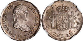 BOLIVIA. 1/2 Real, 1824-PTS PJ. Potosi Mint. Ferdinand VII. NGC MS-63.
KM-90. A spectacular 1/2 Real of Bolivia from 1824. Singular graphite gray ton...