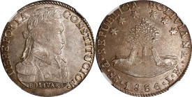 BOLIVIA. 8 Soles, 1836-PTS LM. Potosi Mint. NGC AU-55.
KM-97. Distinctive argent silver toning with just a touch of wear. A coin with major eye appea...