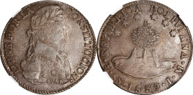 BOLIVIA. 8 Soles, 1839-PTS LM. Potosi Mint. NGC EF-40.
KM-97. Deep charcoal toning with portrait of Simon Bolivar. Great design of two llamas kneelin...