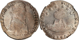 BOLIVIA. 8 Soles, 1840-PTS LR. Potosi Mint. NGC AU-53.
KM-97. A wholesome example, delivering a strong strike and retained luster and brilliance. Ver...