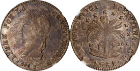 BOLIVIA. 8 Soles, 1861-PTS FJ. Potosi Mint. NGC AU-55.
KM-138.6. Deep charcoal toning with just minimal wear. Very sharply struck for the type and gr...