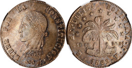 BOLIVIA. 8 Soles, 1862-PTS FJ. Potosi Mint. NGC AU-58.
KM-138.6. Unusually choice for the type with some claims to being Mint State. Lovely charcoal ...