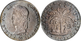 BOLIVIA. Sol, 1860-PTS FJ. Potosi Mint. PCGS MS-63.
KM-134.2. Light ash gray toning with a bold depiction of Simon Bolivar. Most of this type was spe...