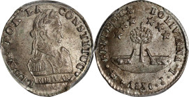 BOLIVIA. 1/2 Sol, 1830-PTS JL. Potosi Mint. PCGS MS-65.
KM-93.A. 5 Pointed Stars Variety. Warm pearl-gray patina is seen on both sides, with subtle h...