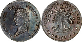 BOLIVIA. 1/2 Sol, 1855-PAZ P. La Paz Mint. PCGS AU-53.
KM-A132. Ugly head variety. Described as RARE in Krause, this crude type features a distinctiv...