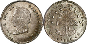 BOLIVIA. 1/2 Sol, 1856/5-PAZ P. La Paz Mint. PCGS MS-64.
KM-127. La Paz head. As opposed to the more refined Potosi-style laureate head, this piece s...