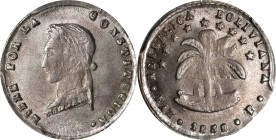 BOLIVIA. 1/2 Sol, 1858-PAZ P. La Paz Mint. PCGS MS-65.
KM-132. This untoned frosty-white example has the appearance and eye appeal of a higher numeri...