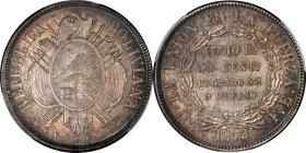 BOLIVIA. 50 Centavos, 1873-PTS FE. Potosi Mint. PCGS MS-63.
KM-161.1. Elegant slate gray toning with some reddish highlights. Also valued as 1/2 Boli...