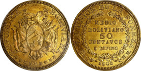 BOLIVIA. Brass 50 Centavos Pattern, 1902-PTS MM. Potosi Mint. PCGS SPECIMEN-64.
KM-Pn56. A RARE issuance that becomes especially difficult to obtain ...